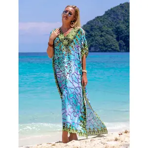 Plus Size Boho Caftan Dress, Stone Grain Print Viscose Mumu with Batwing Sleeves, Casual Beach Cover Up