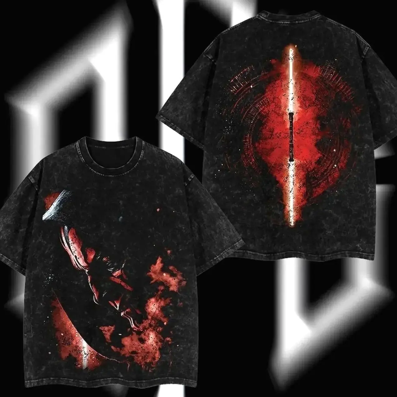 SuperStyle Darth Maul "Dark Side Warrior" Edition Oversize Lightweight Acid Washed Cotton T-Shirt, Double-Printed Vintage Graphic Tee, Classic Round Neck Soft Apparel for Men's Streetwear & Sci-Fi Fans, Gift for fan, y2k styles, Halloween Gift X6Q