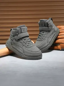 Comfortable High-Top Shock-Absorbing Flat Sneakers, Fashionable Patchwork Design, Velcro Closure, All Seasons Outdoor Training Shoes, Casual Athletic Sneakers