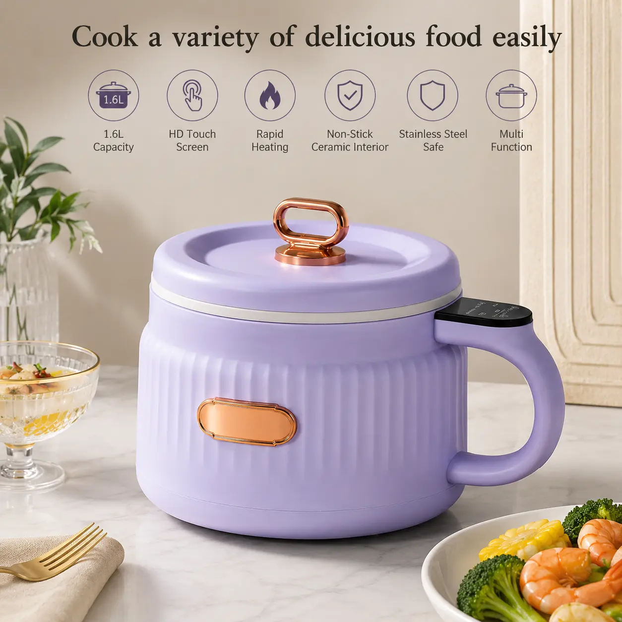 1.6L Electric Multifunctional Cooker, Compact Hot Pot with HD Touch Screen, Rapid Heating, Non-Stick Ceramic Interior, Stainless Steel Construction, Small Electric Cooking Pot for Dorm, Office & Home, Fry, Boil & Sauté