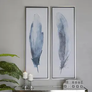 Set of 2 Bird Blue Canvas Feathers Living Room Framed Wall Art with Silver Frame