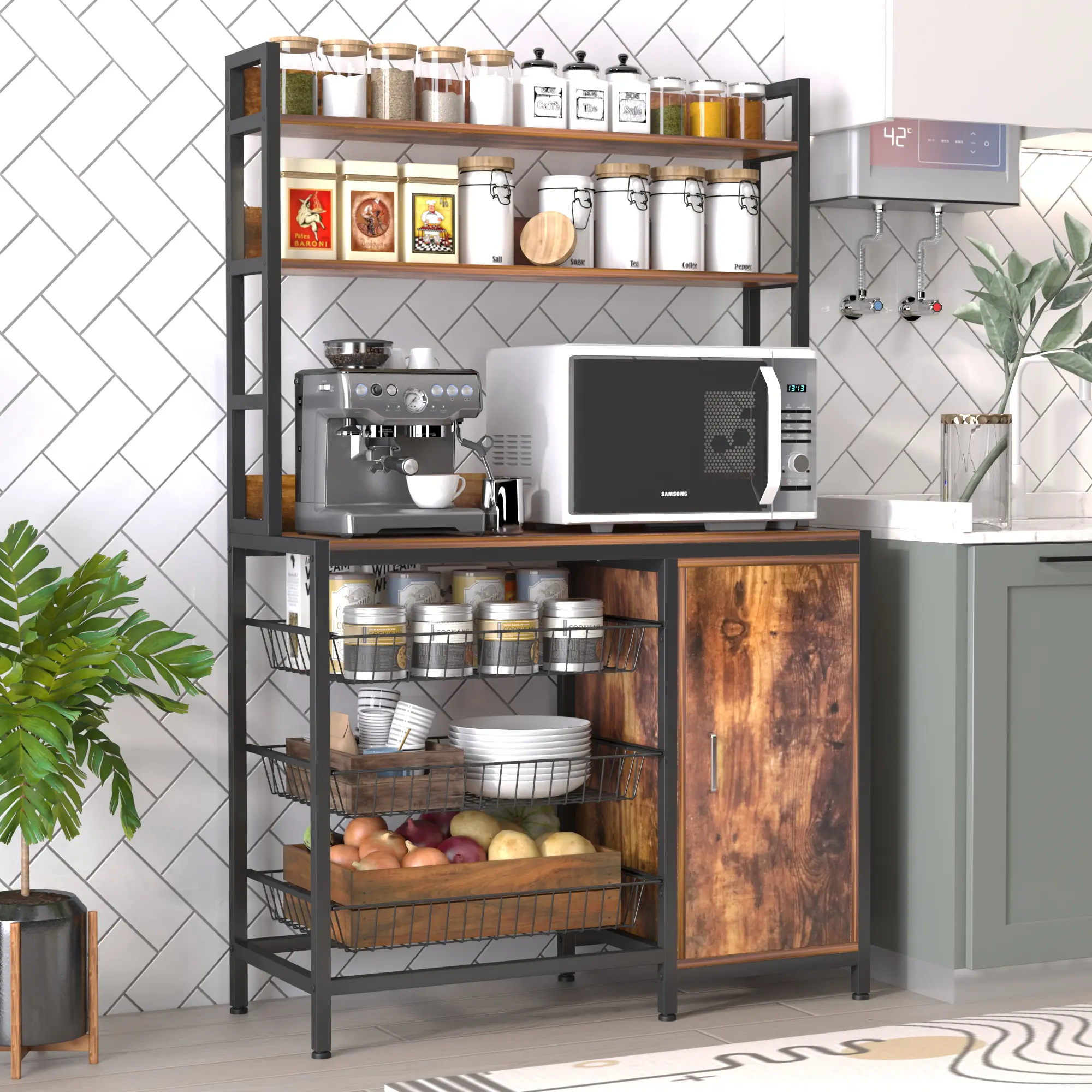 NAIYUFA Industrial Style Freestanding Kitchen Bakers Rack - Metal-MDF Microwave Stand with MDF Board, Adjustable Fruit Shelf, Hooks, Cabinet, Tote, Large Capacity for Industrial Home Decor, Coffee Bar, Stable, Pots And Pans Organization