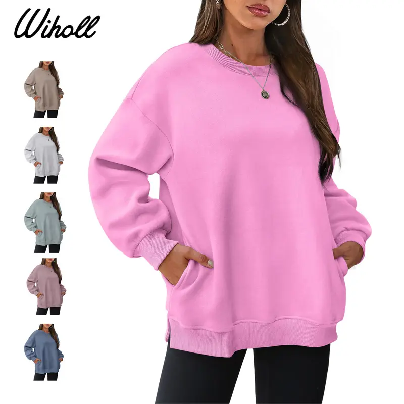 WIHOLL Women's Chic Oversized Crewneck Sweatshirt, Soft Fleece Pullover Top with Side Pockets and Slit Hem, Polyester, Bottoms, Casual