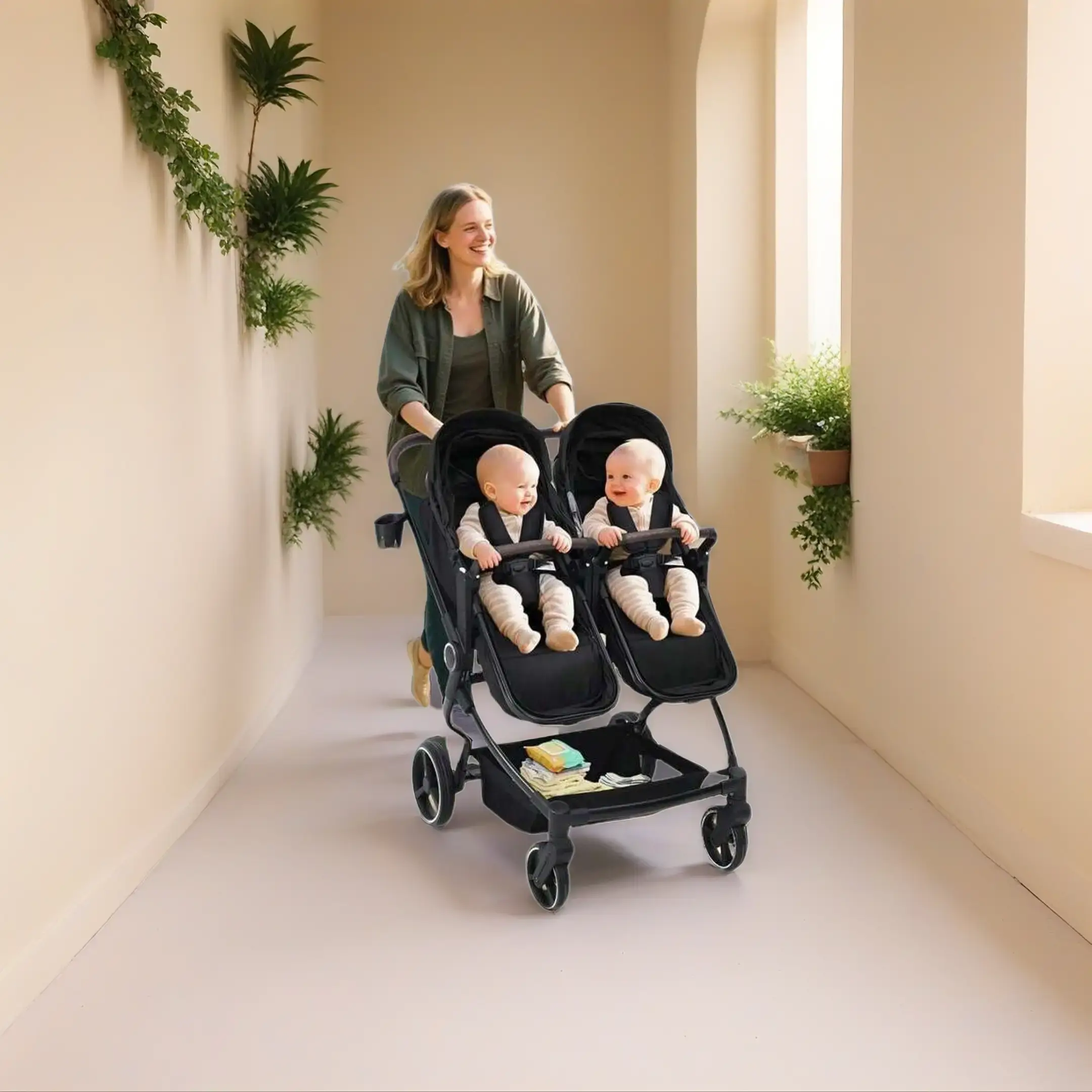 Side by Side Double Twin Stroller - Lightweight Foldable Traveling Stroller, Folding Pushchair with High-Landscape Seats, Adjustable Canopy, Multi-Position Recline, Large Storage Basket for Infants & Toddlers, Twins Stroller