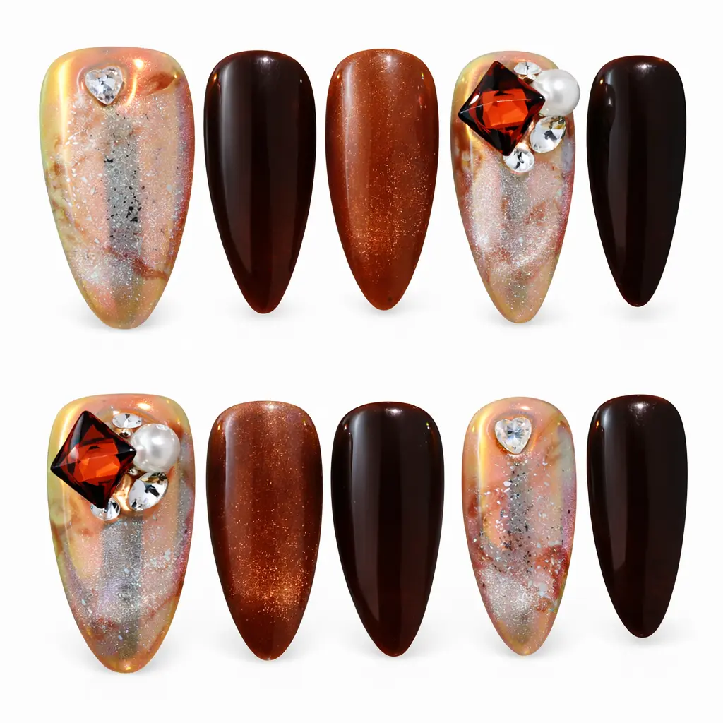 Maillard Brown Press on Nails Long Stiletto - Handmade Luxury Glue on Nails with 3D Rhinestones & Pearls, Cat Eye Marble Design, Reusable Fake Nails for Women, 10 Pcs Salon Quality Professional Kit