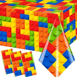 3pcs Waterproof Plastic Colorful Building Block Tablecloths Table Cover for Building Block Birthday Party Decoration Supplies