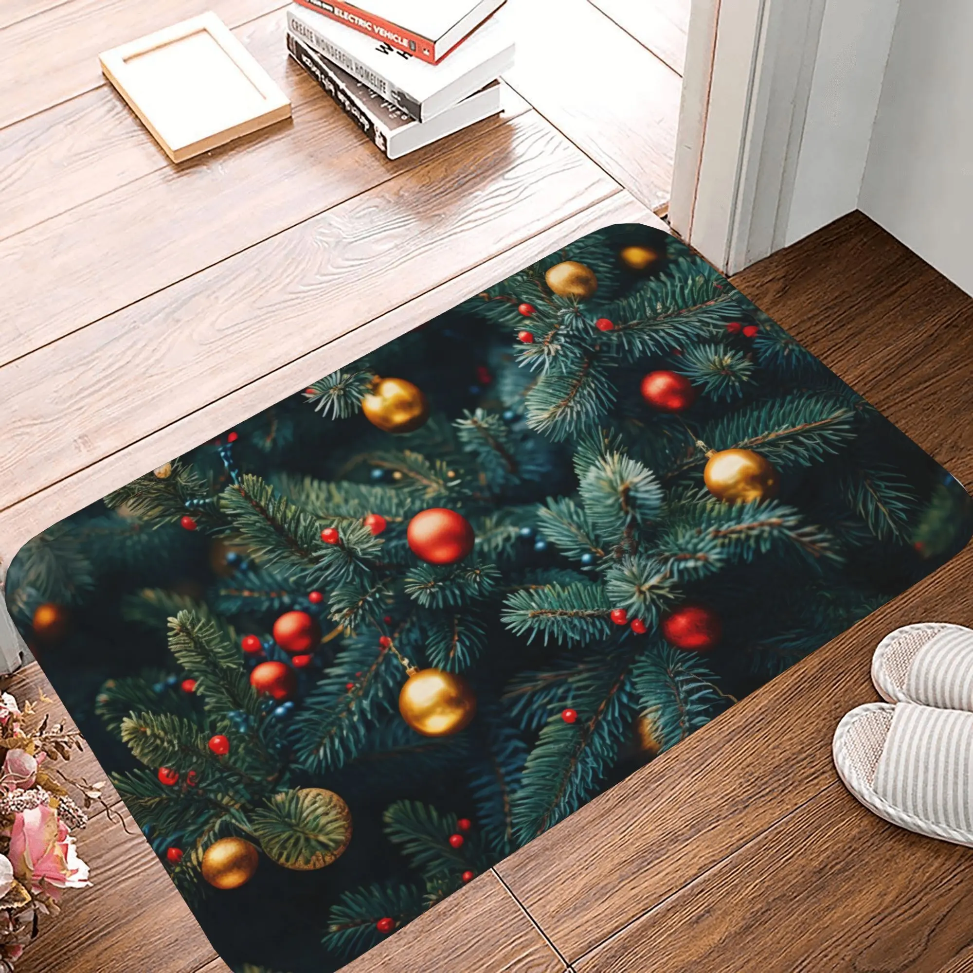 Merry Christmas Tree Doormat   Festive Holiday Ornaments, Non Slip & Durable, IndoorOutdoor Seasonal Welcome Mat, Cozy Home Entryway Decor