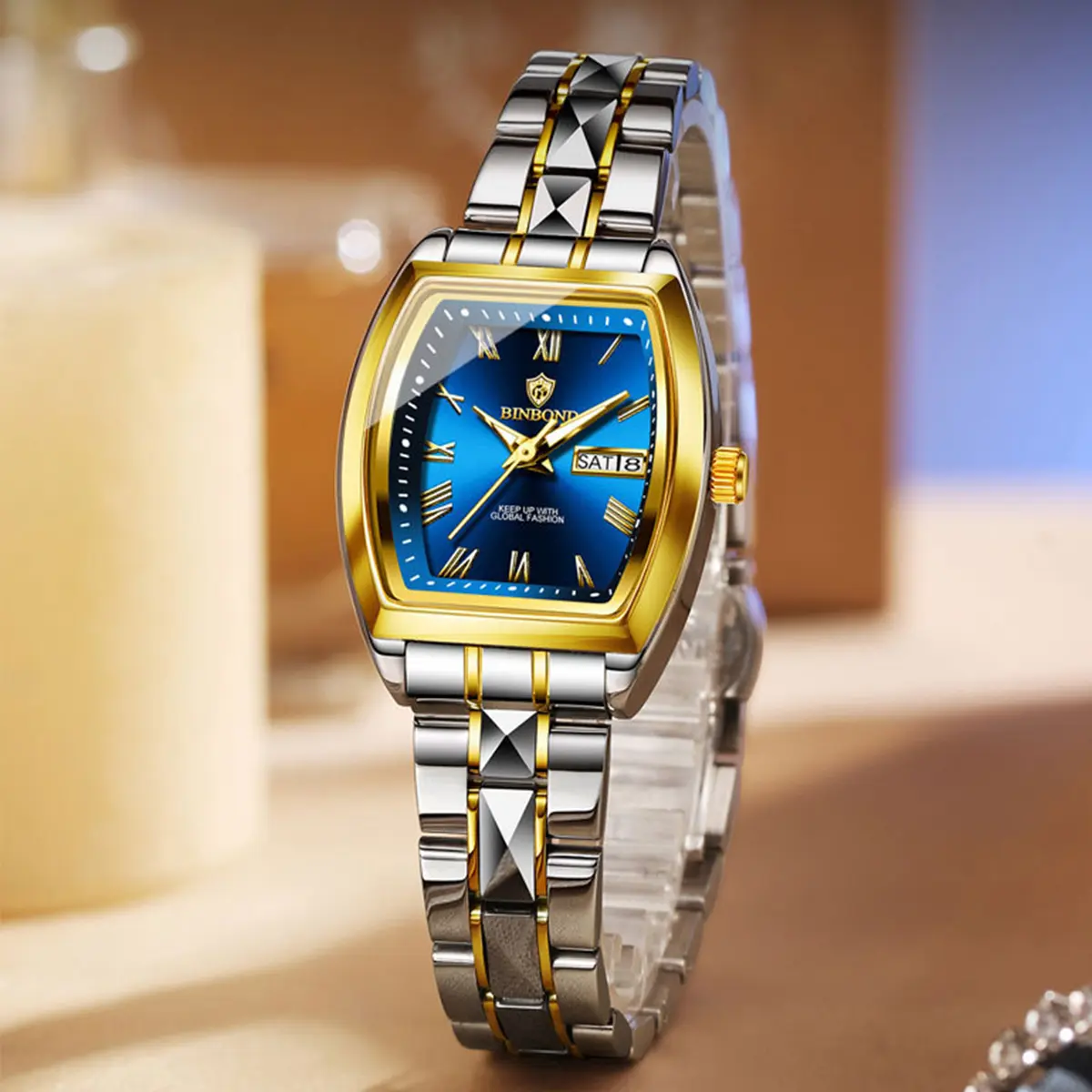 BINBOND Square Womens Watch Fashion Luxury Elegant Dress Stainless Steel Ladies Wrist Watches for Female Day Date Waterproof Luminous L355