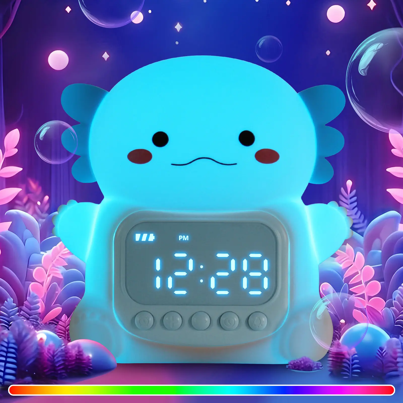 Axolotl Night Light Alarm Clock for Kids with 7 RGB Colors Changeable, Cute Squeeze Toy, Child-Safe Silicone, 6 Nature Sounds, Stress Relief, Toy Birthday Gift for Boys & Girls，soft night light，sleep light，cute axolotl lamp，silicone axolotl alarm clock