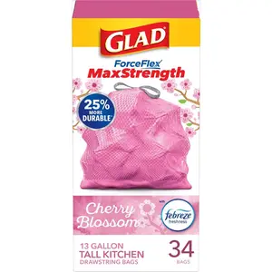 13 gal. Cherry Blossom Scent Pink Kitchen Drawstring Trash Bags (34-Count) Flowers