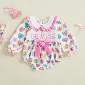 Baby Girl Valentine's Day "Be Mine" Heart Print Bodysuit, Long Sleeve Ruffled Peter Pan Collar Romper, Cute Holiday Casual Newborn Toddler Clothes