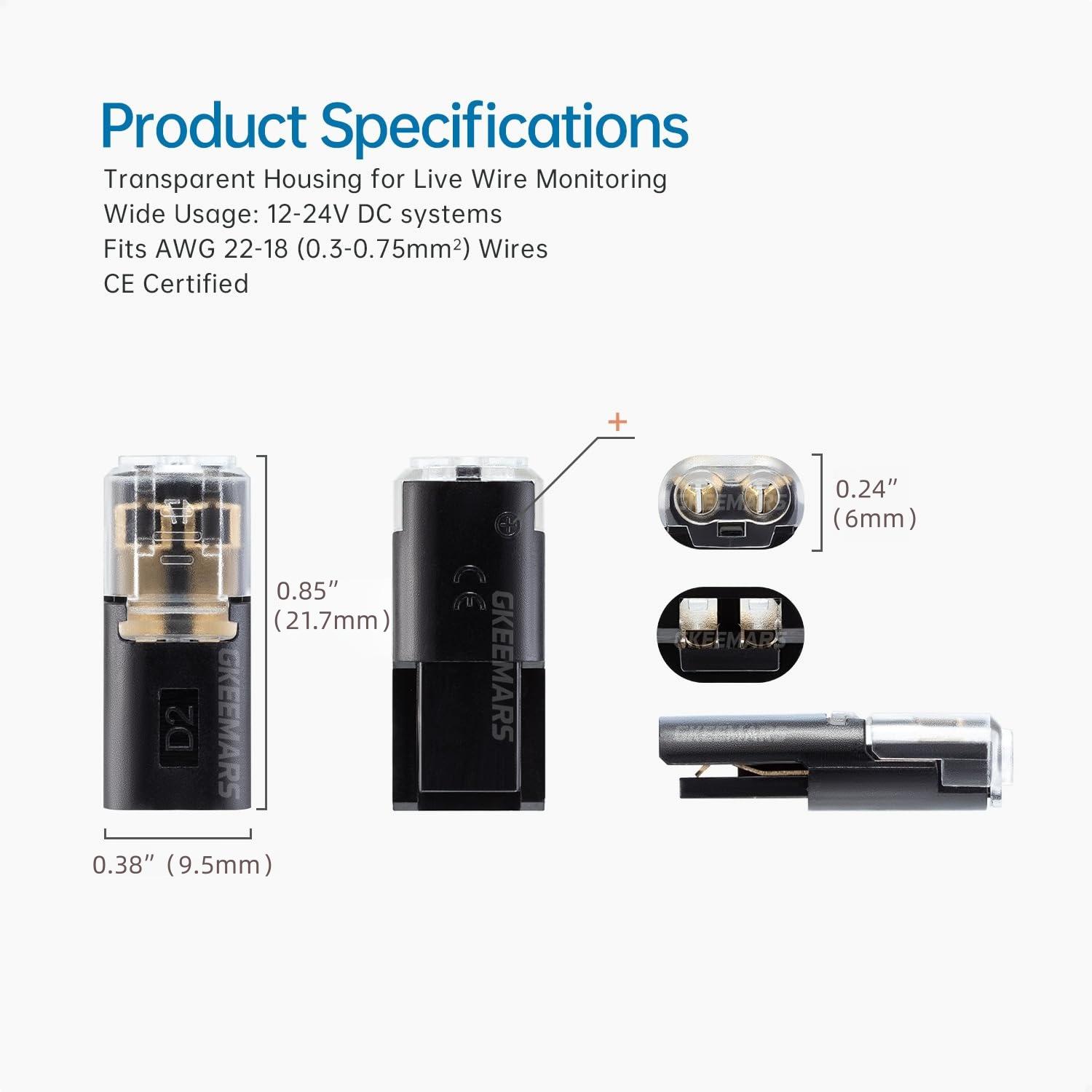 100pcs Quick Clip Fasteners Wire Connector, Plug-in Cable Quick Connectors with Locking Buckle, Double-Wire Snap on Blocks for Low-Voltage 18-22AWG Cable LED Strips DIY Craft- Black