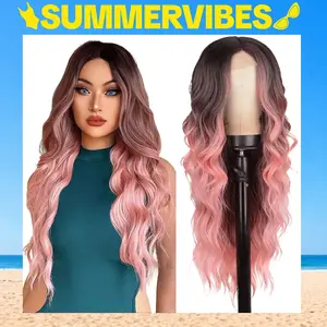 SummerVibes AISI HAIR 26inch Long Wavy Wig for Women Middle Part Curly Wavy Wig Natural Looking Synthetic Colored Heat Resistant Fiber Wig Pink Style Hairline Ombre Wavy Wigs Layered Wigs