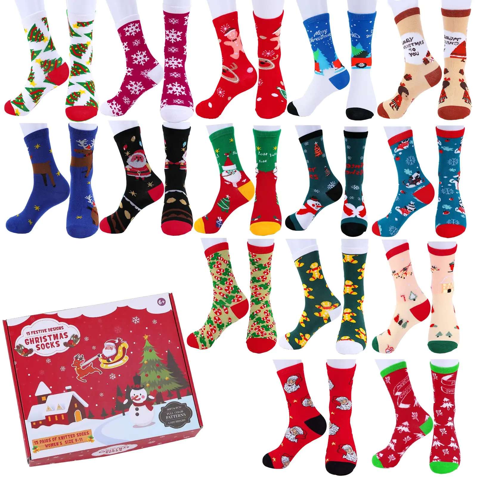 【GARVEE】15 Pairs of Cozy and Fun Christmas Socks Made from Soft Cotton Knit, One Size Fits All, Suitable for Men, Women, and Girls, Available in Multiple Colors, Perfect Holiday Gift