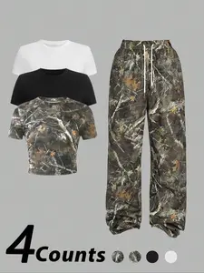 Women's Camo Print Crop Round Neck Tee & Overlap Waist Wide Leg Pants Set, Casual Slim Short Sleeve T-shirt & Trousers for Daily Wear, Ladies Summer Clothes, Clothing, Womenswear