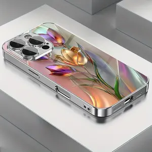 Beautiful Colorful Artistic 3D Tulip Pattern Electroplated Glass Phone Case with Lens Protection for iPhone 16/16Pro/16ProMax/16Plus/15/15Plus/15Pro/15ProMax, 14/14Plus/14Pro/14ProMax, 13/13Pro/13ProMax, 12/12Pro/12ProMax, 11/11Pro/11ProMax, 7/8Plus, XR/X