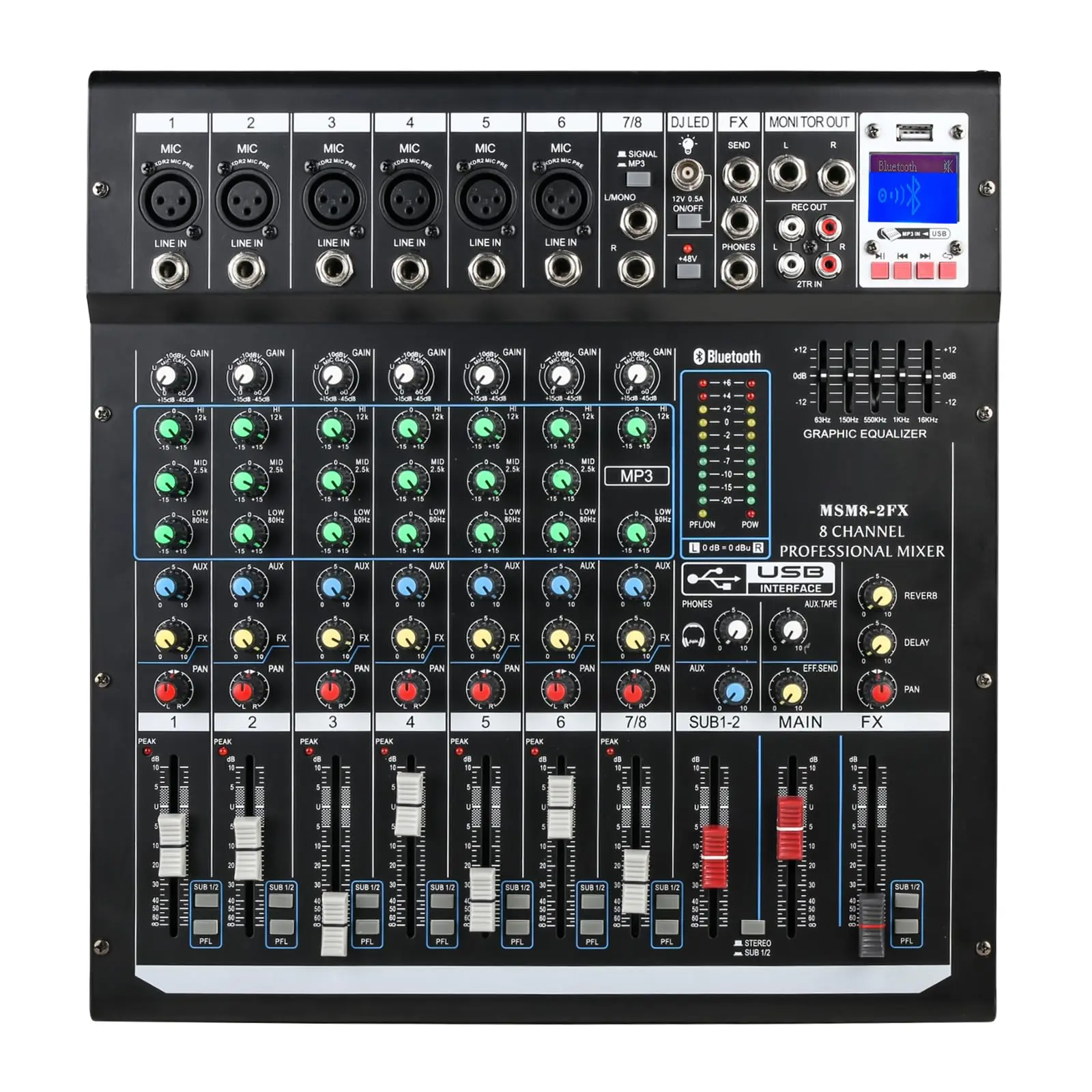 METYONLASER 8-Channel Audio Mixer Sound Board Card with Bluetooth, XLR Compatibility, USB Audio Interface, 48V Phantom Power, FX Reverb Delay Effects, 5-Band Master Equalization Adjustment, Plug-In Stereo Function for Streamers, Countertop Use, Live Perfo