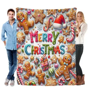 of cute gingerbread man Christmas blanket, Christmas tree, Santa Claus, reindeer pattern printed bed blanket, comfortable soft flannel warm cover blanket, suitable for Christmas sofas, beds, offices, camping covers, perfect Christmas gift blanket