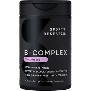 Sports Research Vitamin B-Complex - Full Spectrum of B Vitamins with Methylated B12 & Folate - Gluten Free · Plant-Based · Non-GMO · Vegan-Friendly Formula - 60 Veggie Softgels