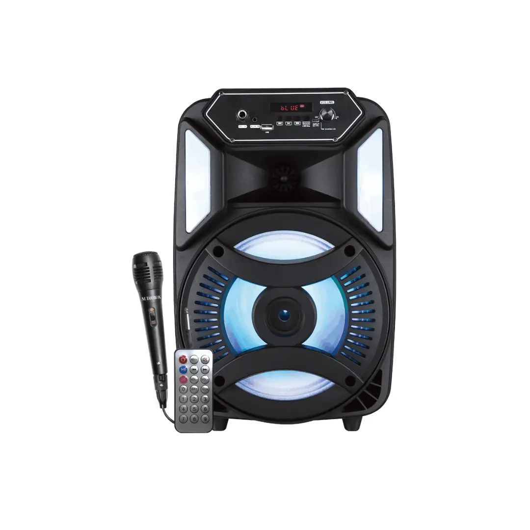 Audiobox ABX-800R Portable Karaoke Speaker with Wired Handle, USB Type-C Cable, Card Support, Remote Control, Auxiliary Input, and Charging Functionality