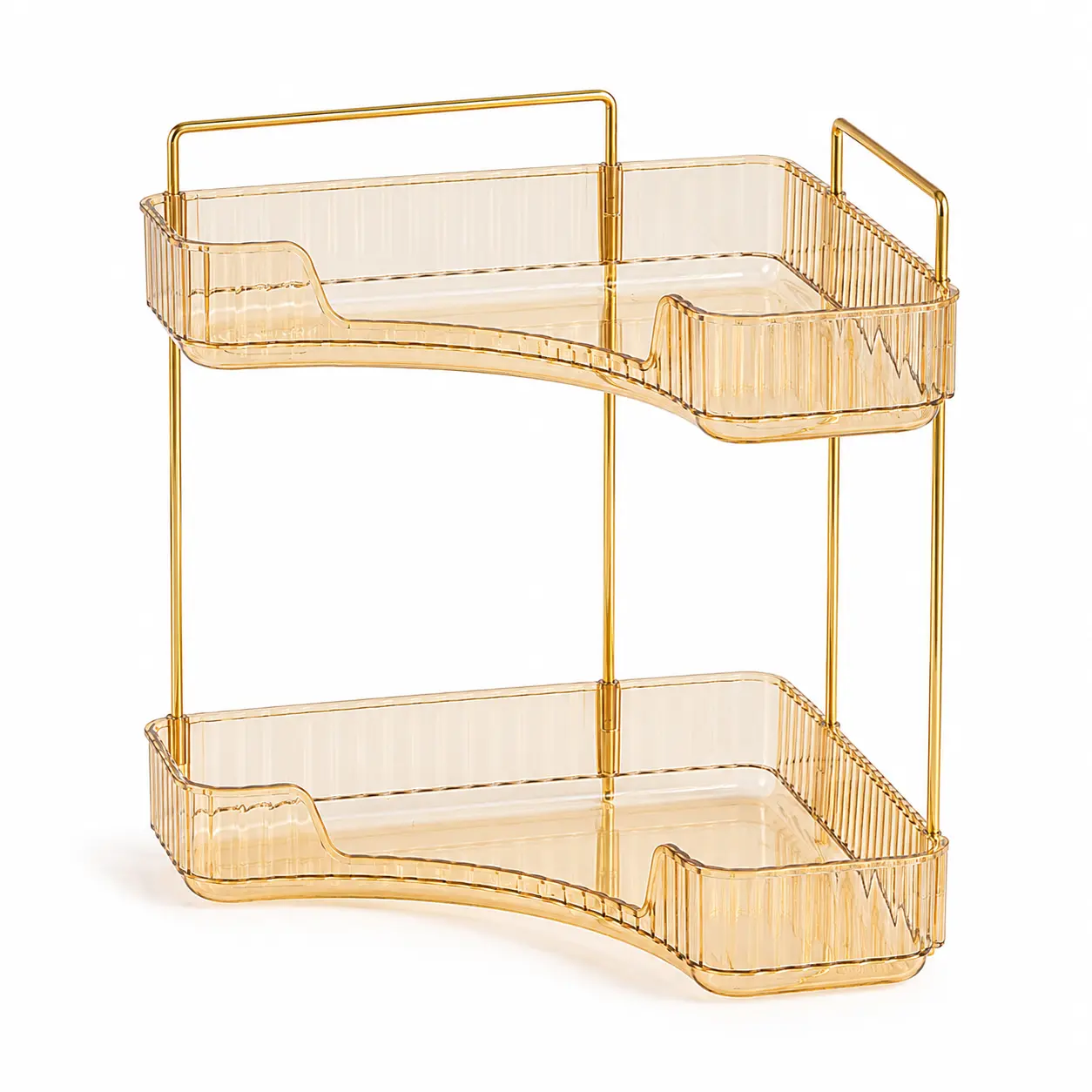 2 Tier Clear Corner Bathroom Countertop Organizer Shelf, Gold Metal PET Acrylic Makeup Storage Tray, Space Saving Skincare Perfume Holder, Aesthetic Cosmetic Station Rack for Vanity Sink Dresser Desk