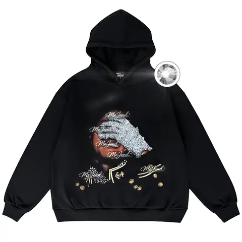 Retro Graphic Hoodie for Men, Unisex Oversized 400GSM Heavyweight Cotton Pullover Apparel, Rhinestone Streetwear Tops, Casual Comfort Fit Long Sleeve with Unisex Cut That Flatters Many Body Types