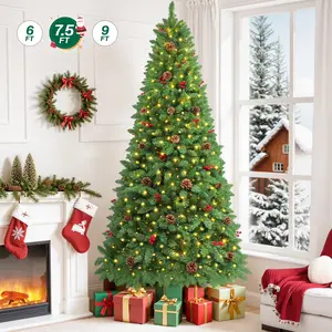 Firstness 7.5Ft Pre-Lit Artificial Christmas Tree,Green Xmas Tree with 450 Lights and 1300 Branch Tips,Pine Cones and Red Berries | Spotlightfinds