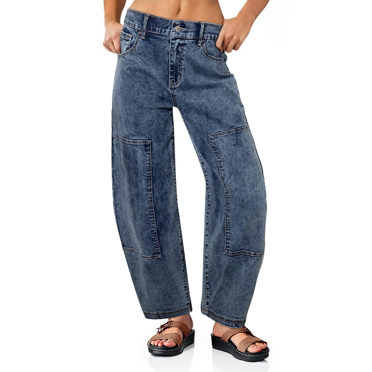 Shewin Women's High Rise Patchwork Barrel Leg Jean Pants, Casual Baggy Streetwear for Lady with Button Closure, Barrel Jeans, Patchwork Jeans