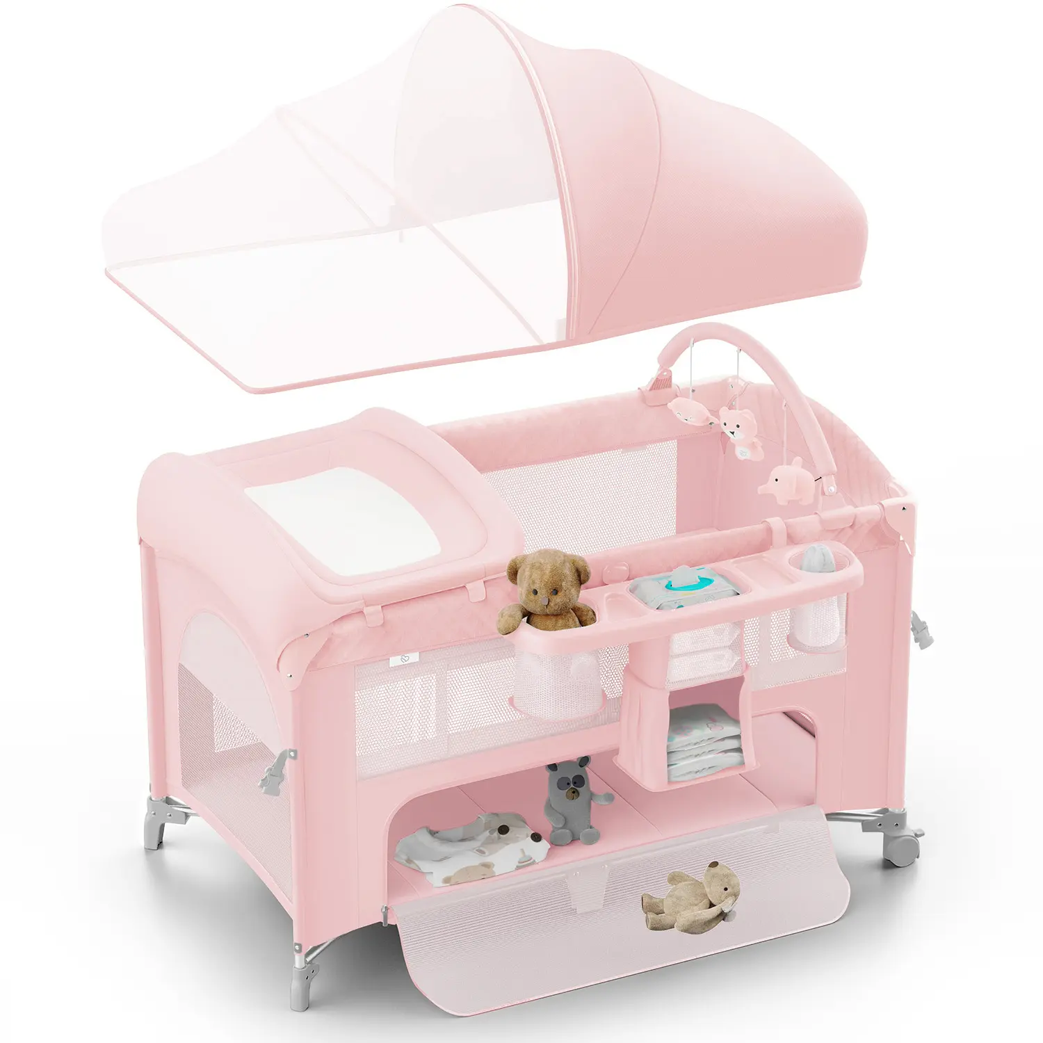 BabyBond Baby Crib 5 in 1 Foldable Baby Bassinets Bedside Sleeper,Large Playard Pack with Mattress, Storage Basket and Mosquito Net, Height Adjustable for Nursery, Pink, Ideal Chirstmas Gift for Baby, Babyshower Gift, #SummerVibes, #DealsForYourDays