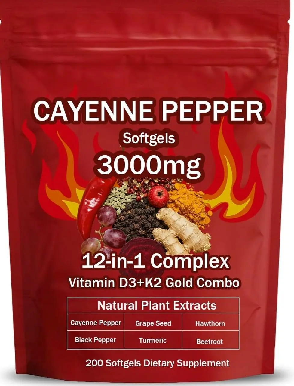 Cayenne Pepper Softgels Supplement, Supports Leg Vein, Heart and Blood Vessel Health, with Vitamin E D3+K2 and Extracts of Grape Seed, Hawthorn, Beetroot and Others (1)undefined