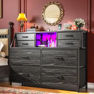 Raybee Furniture 8 Drawer Dresser for Bedroom, with Charging Station and LED, Sturdy Chest of Drawers with 2 Open Shelves, Storage Organizer for Storage,Bedroom, Living Room,Hallway