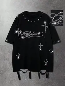 Men's Loose Fit Casual Summer T-Shirt, Menswear, Ripped Effect, Rhinestone Embellished, Washed Finish, Round Neck, Short Sleeve, Punk Rock Style