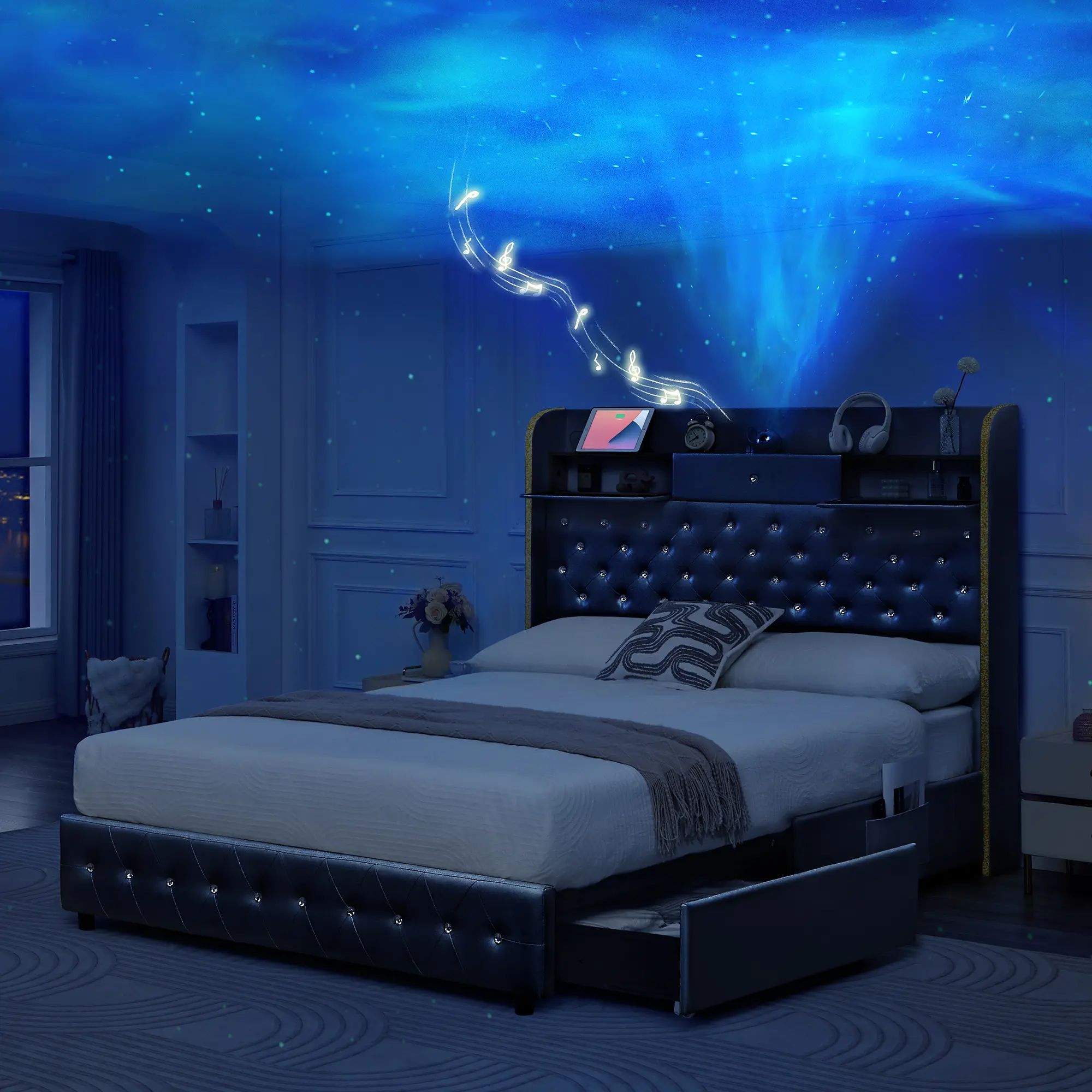 SIBEDS Queen Galaxy Aurora LED Bed Frame Set - Upholstered Diamond Tufted Crystal Headboard, Star Projector, Storage Drawers, USB Charging, PU & Velvet Platform Bed, Modern Luxury Furniture, Diamond Tufted Headboard