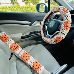 Halloween Handmade Crocheted Pumpkin Steering Wheel Cover, Safe and Stylish Seat Belt Cover for Car Interior Decoration, Car Interior Accessory, Car Interior Decorative