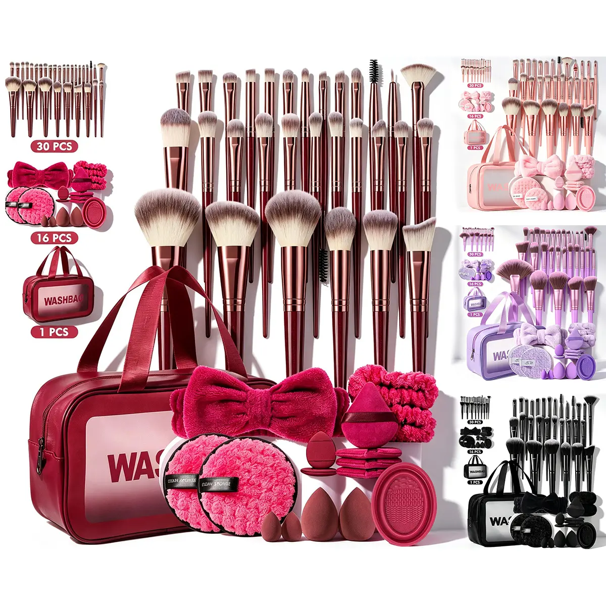 47Pcs All-In-1 Waterproof Makeup Brushes Set - Storage Bag, Beauty Sponges, Triangle & Mini Air Cushion Powder Puffs, Plush Hairband, Wristbands, Brush Cleaner - Compact Portable for Daily & Travel Use, SohoChic