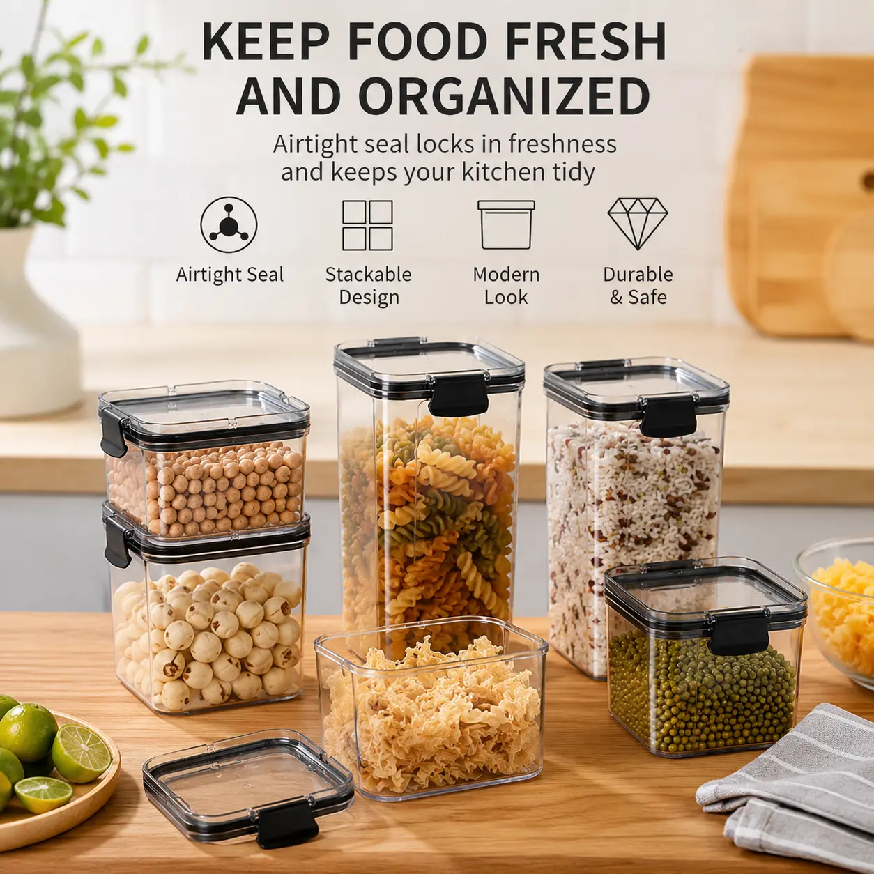 Transparent Airtight Food Storage Container with Airtight Seal & Latched Lid, Multi-Size Square Opening Design, 1-Count Home Organizer for Kitchen Pantry Grains Snacks Dry Items
