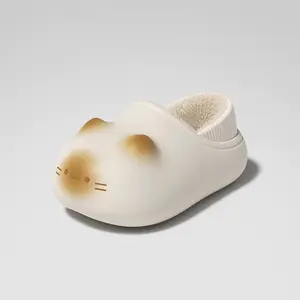 Cute Cat Plush Slippers Cat Paw Water Print EVA Autumn/Winter Thick, Fleece-Lined, Waterproof, Non-Slip Indoor Slippers with Cat Paw Prints and Heel Cover