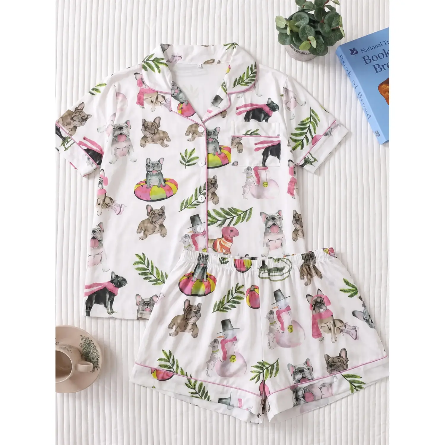 Cute Animal Bulldog Print Women's Pajama Set - Collared Short Sleeve Top and Loose Shorts