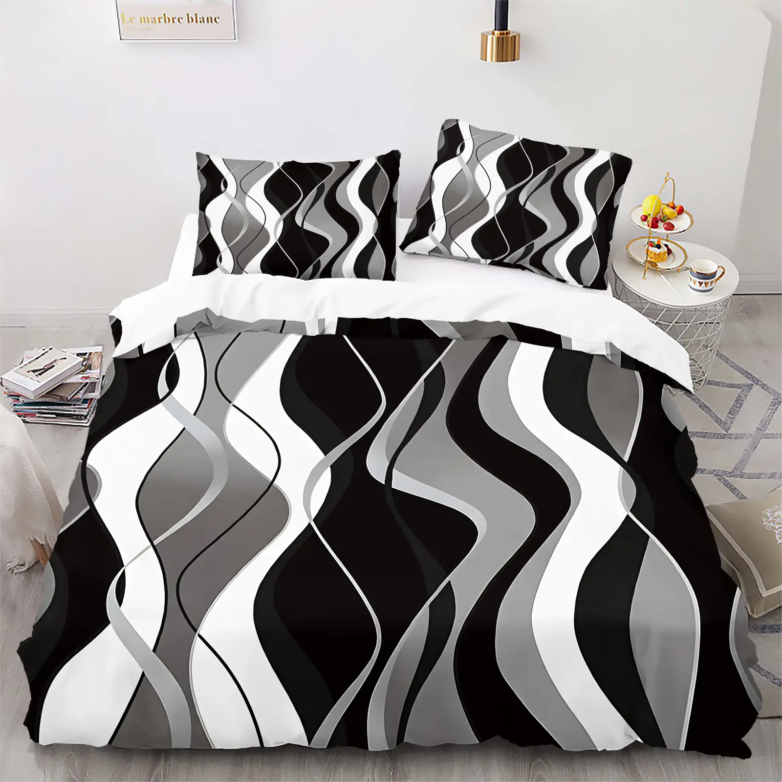Ins Luxury Abstract Wave Line Duvet Cover Set, Includes 1 or 2 Pillowcases, Gradient Black Grey White Curved Pattern, Hidden Zipper Easy To Clean, Durable Fade-proof Fabric, Elegant Neutral Tone Bedding Gift For Minimalist Home Lovers