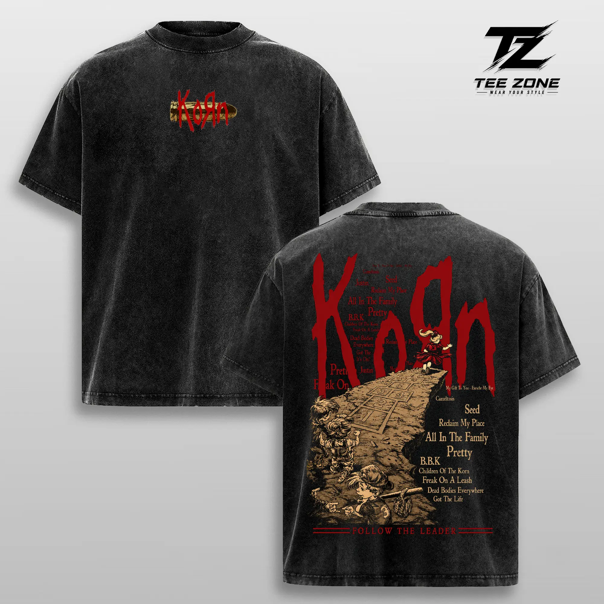 Korn Vintage Washed Oversized Graphic Tee Heavyweight Cotton Nu Metal Band Shirt Double Sided Streetwear