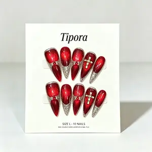 10-Piece Handmade Spring Summer New Wine Cat Eye Nail Tips, Silver Color French Cross Long Point Nails Set, Reusable