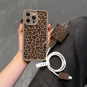 Stylish High Bamboo iPhone Case 5 Piece Set Accessories, Includes Leopard Printed Case, Charger Cover, Data Cable Protectors, Storage String, Shockproof Design for iPhone 11/12/13/14/15/16 Models