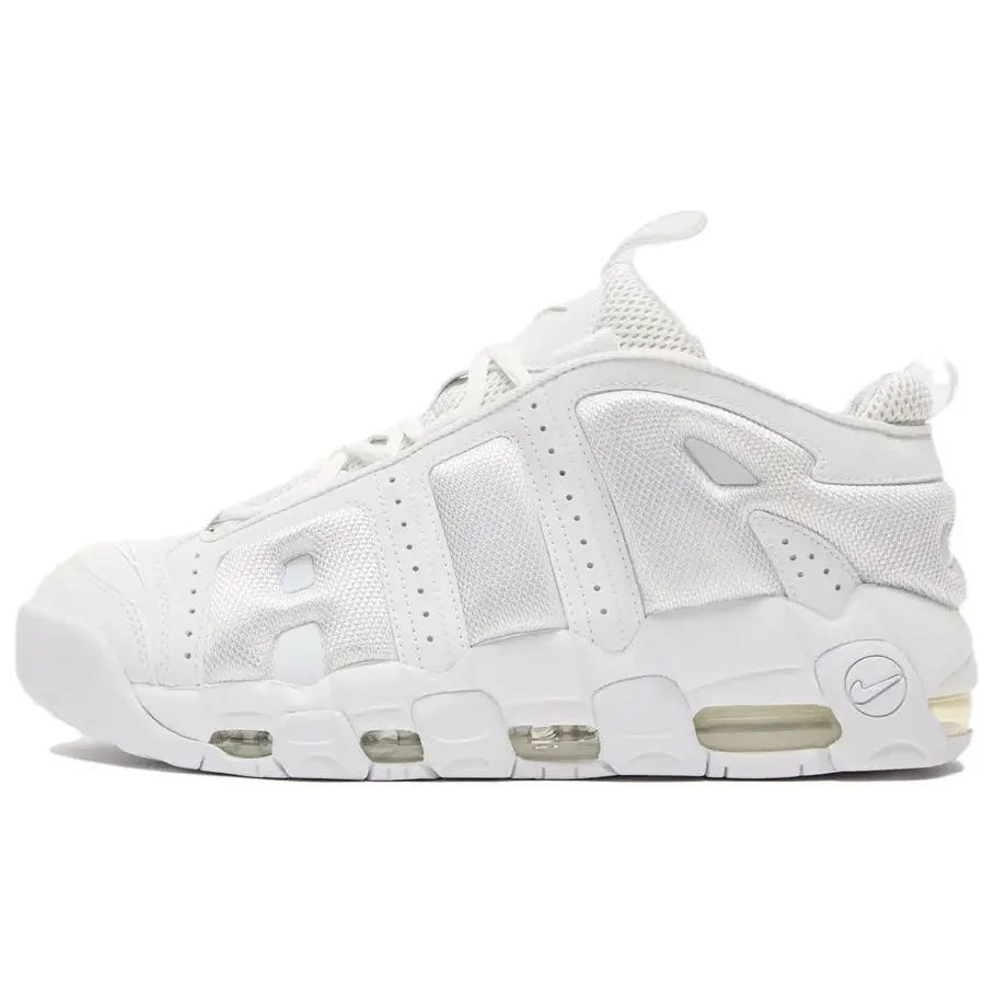 Nike Air More Uptempo Low 'Triple White' Unisex Low-Top Athletic Shoes - Leather, Rubber, Breathable Mesh Accents, Basketball Hoops Sneakers, Casual Wear