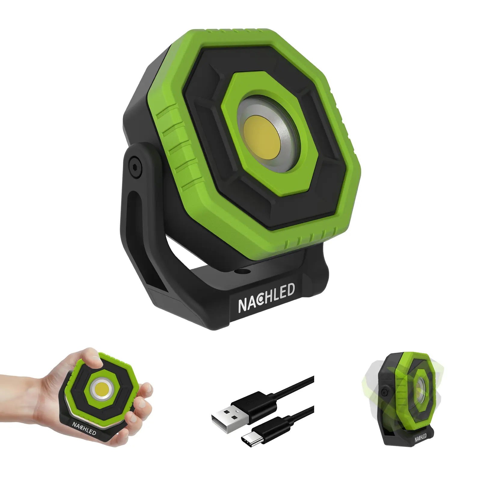 NACHLED 800lm High Lumen LED Work Light - High Lumen Flashlight, Rechargeable Outdoor Flashlight, USB Rechargeable Spotlight, Type-C 2600mAh Battery Powered, 360° Rotating Magnetic Base, Aluminium Body, IP65 Waterproof for Mechanics
