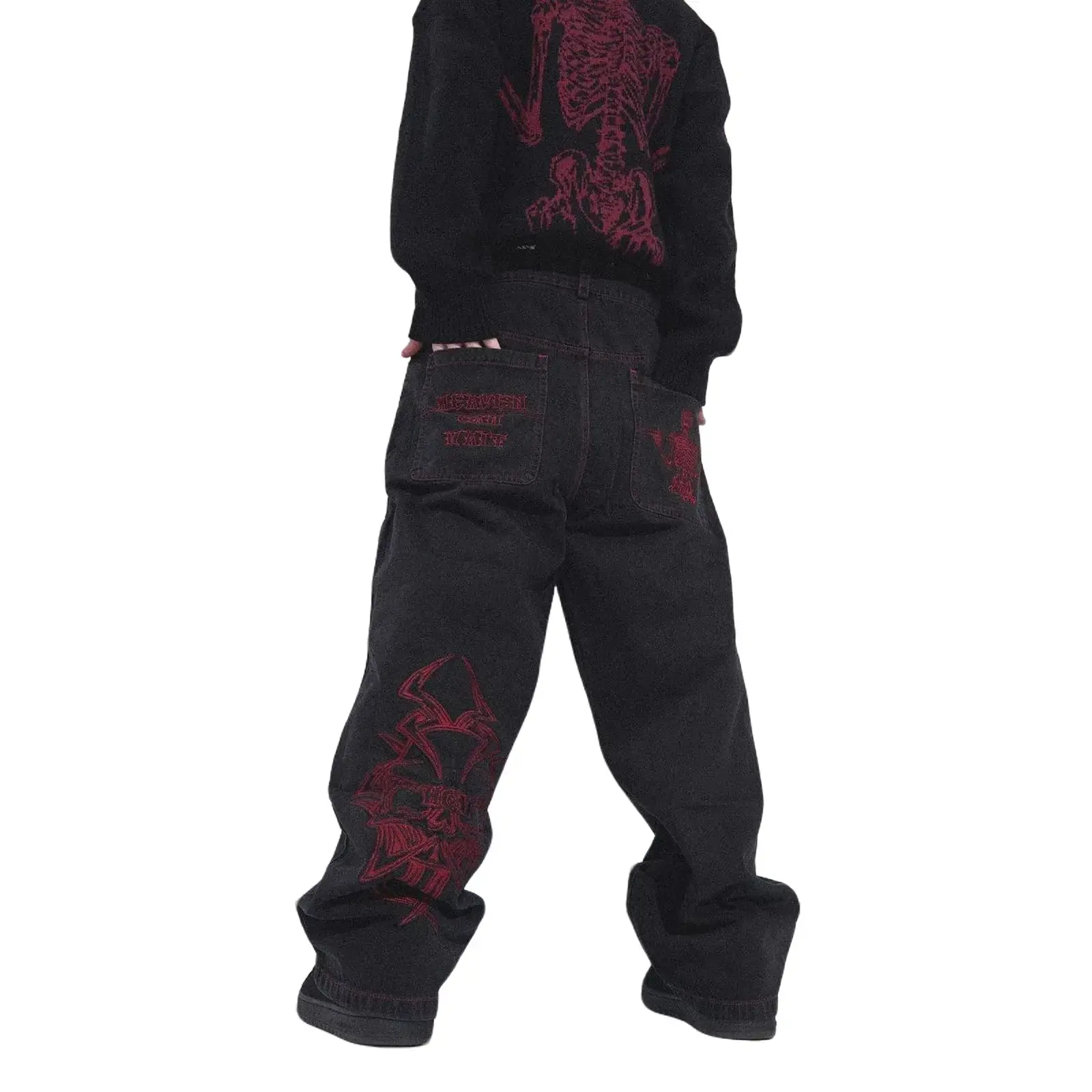 Y2K Baggy Jeans for Women Men Denim Pants Skull Embroidery Gothic Jeans Straight Wide Leg Trouser, Unisex Waist Harajuku Hip-hop Pants ,Distressed Loose Fit Y2K Aesthetic Pants, Casual Wear Suitable for All-Season Womenswear Streetwear Bottom