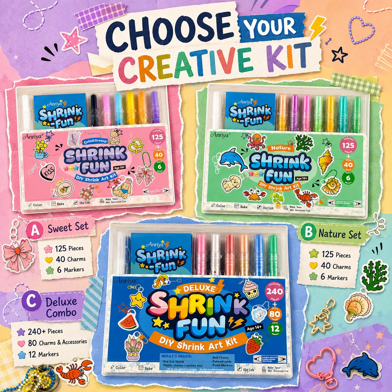 Back to school shopping-ANRIYA 240+ Pieces Deluxe Shrink Art Kit, DIY Shrink Plastic Craft Kit with 12 Dual-Ended Acrylic Color Pens, 80 Pre-Cut Animal Charms, Keychain Accessories, Creative Gift for Art Students Ages 14+