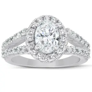 1 1/2Ct Oval (1ct Center) Diamond Halo Engagement Ring Lab Grown 14k White Gold
