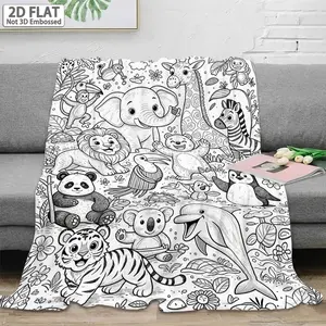 1pc 1pcs Coloring Book Style Flannel Blanket Suitable for All- Warmth with Jungle & Ocean Line-Art (Elephant, Giraffe, Panda) - Soft Bedspread for Room,, Sofa Napping, Cozy Bedding for, Cozy Throw Blanket, 2D Flat