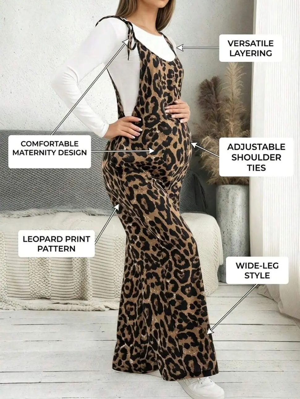Maternity Leopard Print Jumpsuit, Adjustable Straps Sleeveless Romper for Comfortable Pregnancy Wear
