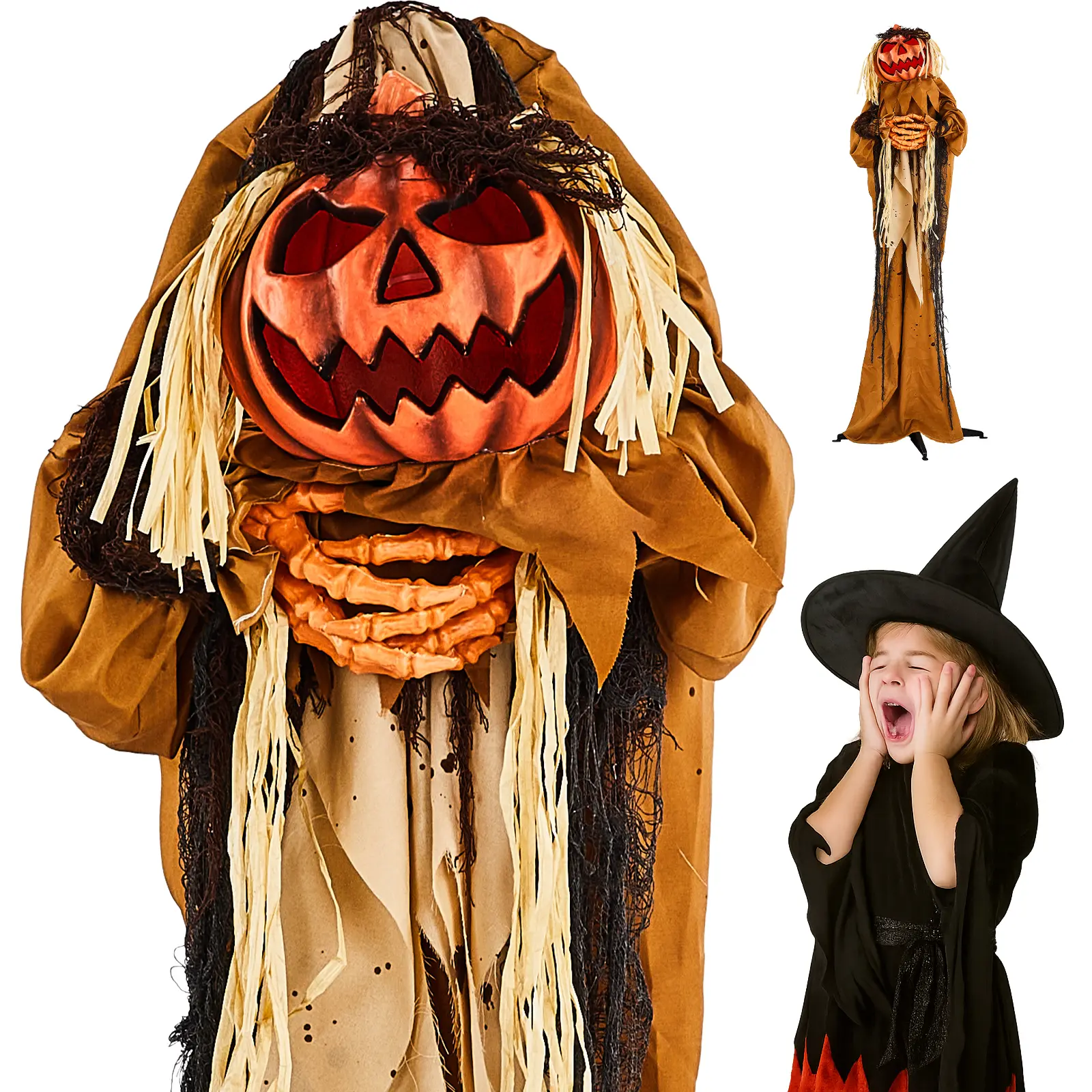 Ubesgoo 5.5ft Tall Rotatable Head Pumpkin Man Halloween Prop Decoration, Sound-Activated with Red LED Eyes, Scary Male Voice, Battery-Operated (Batteries Not Included) for Halloween Aesthetic Outdoor Display, 5.5 Feet Tall